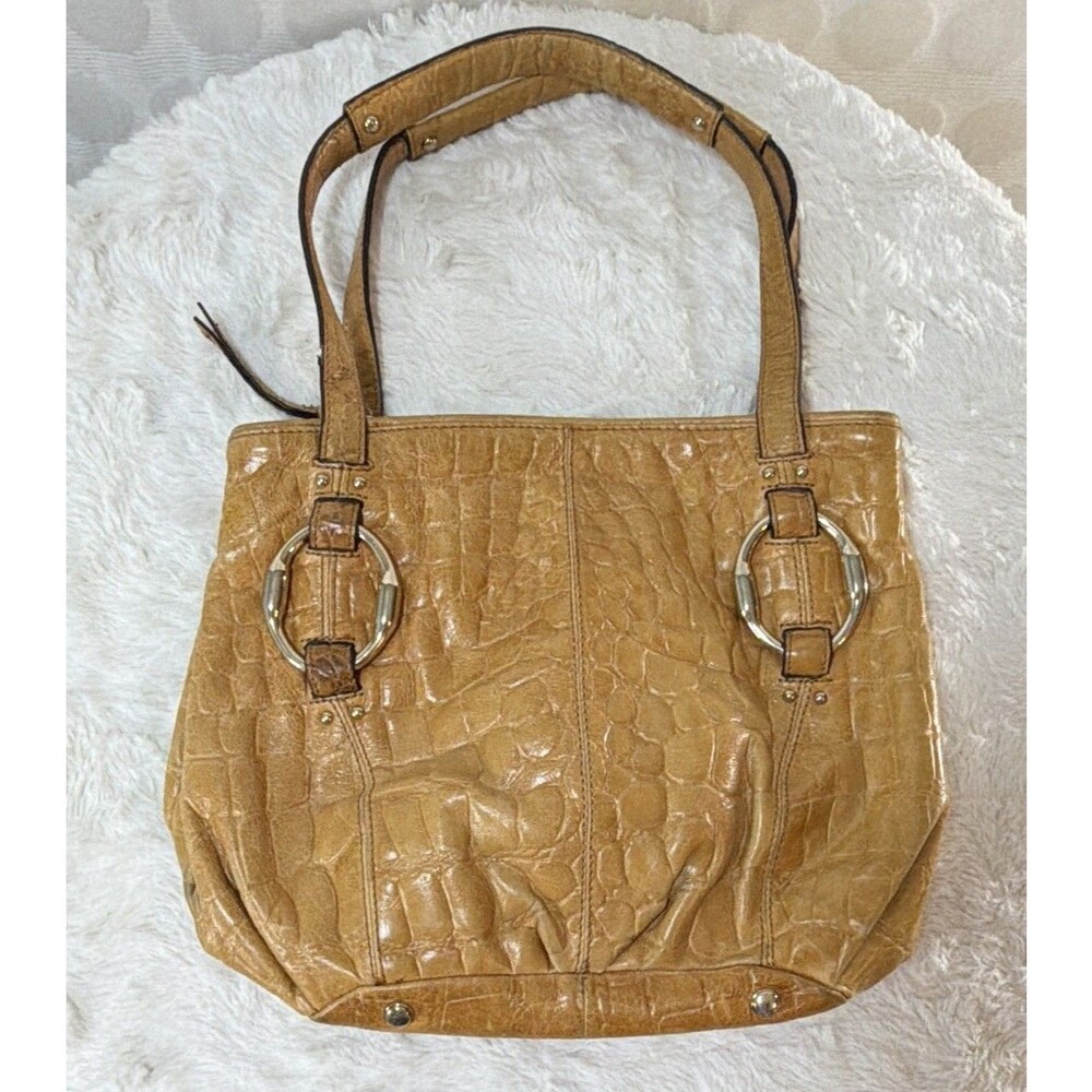 Kooba Tan Croc Embossed Genuine Leather Shoulder Tote Bag Silver Hardware